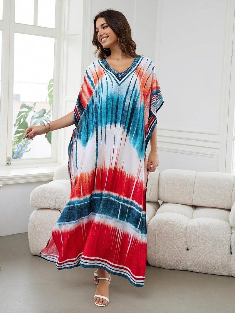 IMAGEKOPE Women's Plus Size Loose Fit Moroccan Print V-Neck Batwing Kaftan Beach Dress Bathing Suit Cover Up - Image 2